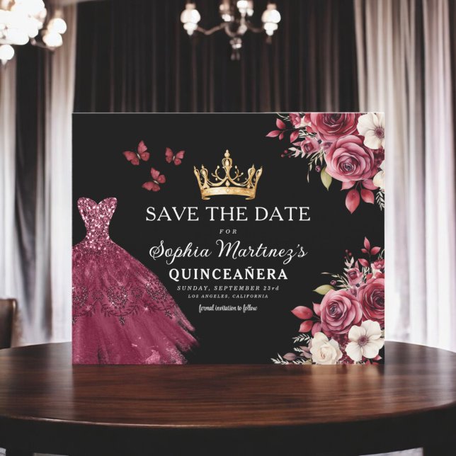 Flyer Orçamento Quinceanera Salve a Data Floral Burgundy (Criador carregado)