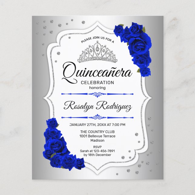 Flyer Orçamento Quinceanera Silver White Blue Invite (Frente)