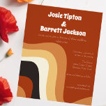 Flyer Orçamento Retro 70s Convite para Casamento Laranja<br><div class="desc">Este folheto retrógrado de convite para casamento apresenta linhas onduladas em castanho,  castanho e laranja,  lembrando os anos 70 e estilo de vida hippie. Um convite de vintagem ousada com um script branco funky próximo às linhas de curva de abstrato. Alcance junto com esta placa de som terrestre.</div>