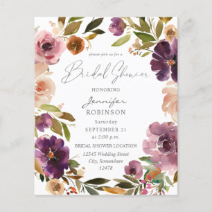 Flyer Orçamento Rosa e Roxo Floral Chá de Panela de Noiv