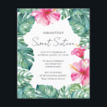 Flyer Orçamento Suave 16 Cor de Água Rosa Tropical Flora<br><div class="desc">Este 16º convite de Aniversário para o orçamento tropical apresenta a expressão "Doce Dezesseis" numa tipografia manuscrita em na moda com detalhes de eventos numa cinza de carvão clássico num fundo branco nítido. Projetado com a ajuda de flores originais cor-de-água rosa e folhas de palma monstera em tons de verde...</div>