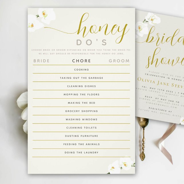 Flyer Orquídea Chá de panela Jogo Mel Do List Ecru Chic (bridal shower game honey do list bride or groom orchids ecru ivory gold calligraphy)