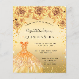 Flyer Ouro de quinceanera vestido convite para orçamento