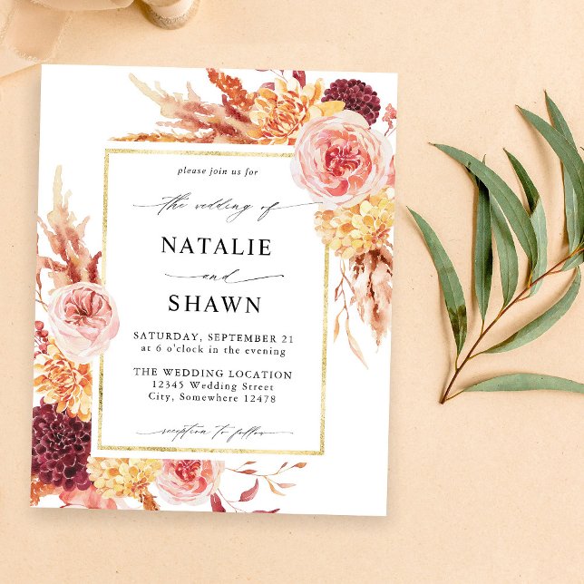 Flyer Ouro Orçamental Borgonha e Casamento Floral Rosa E (Criador carregado)