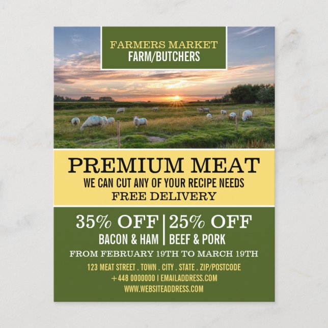 Flyer Ovinos no campo, Farmer e Publicidade a Butcher (Frente)