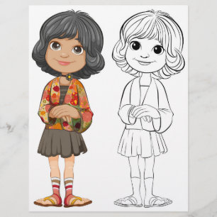 Flyer Página para colorir de menina de desenho animado f