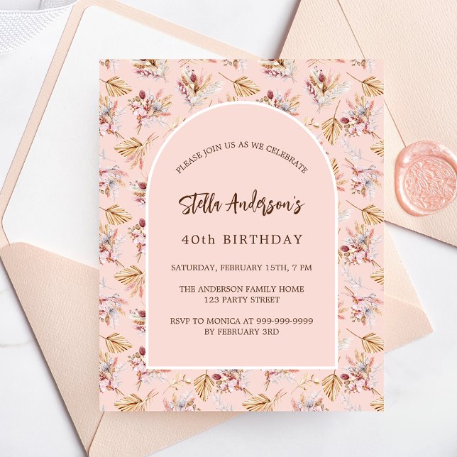 Flyer Pampas floral rosa boho convite para o aniversário (Criador carregado)