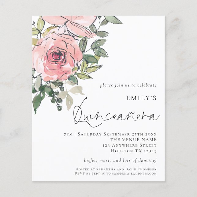Flyer PAPEL Blush Florals Rosa Quinceañera Convide (Frente)