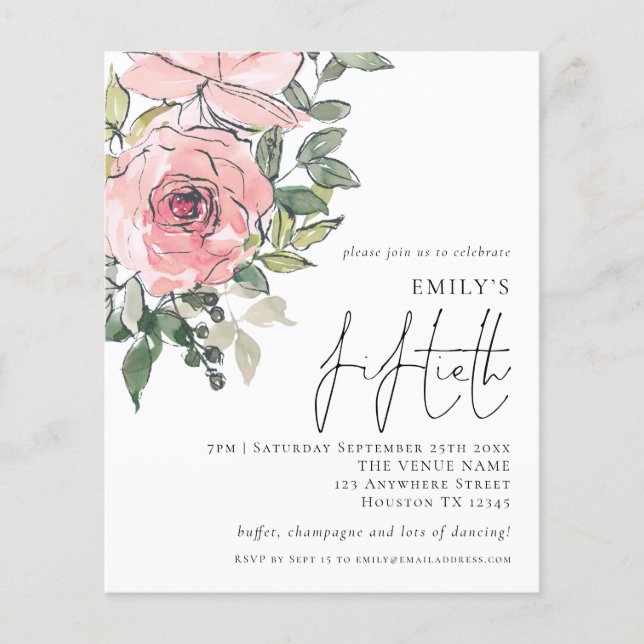 Flyer PAPEL Blush Pink Florals 50º Aniversário Convidar (Frente)
