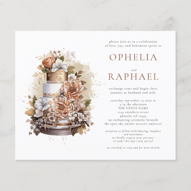 Flyer PAPEL Boho Cake Florals Convite de casamento Bohem (Frente)