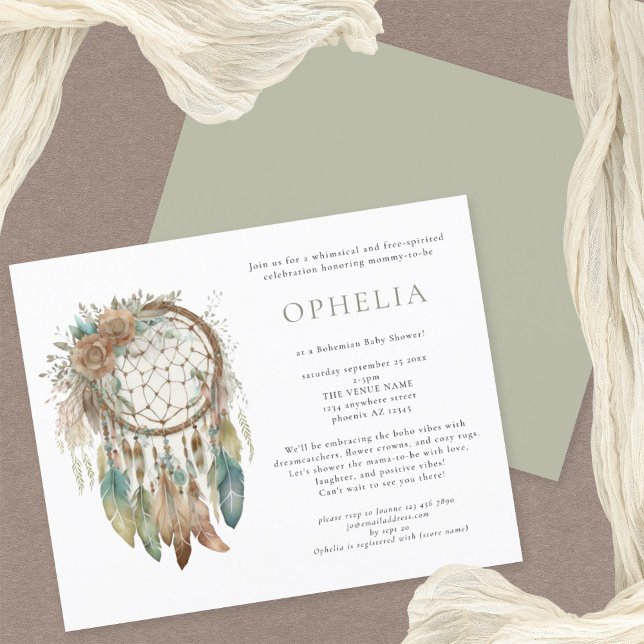 Flyer PAPEL Boho Dreamcatcher Sage Bohemian Chá de frald (Front and back view)