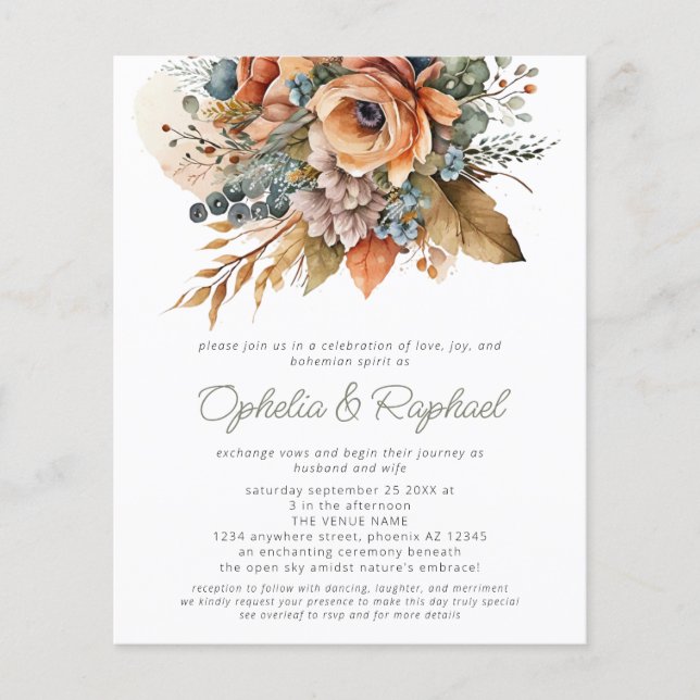 Flyer PAPEL Boho Fall Florals Sage Bohemian Wedding (Frente)