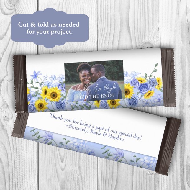 Flyer Papel de embrulho de barra de chocolate com girass (yellow sunflower dusty blue wedding candy bar wrappers, diy personalized chocolate bar labels)