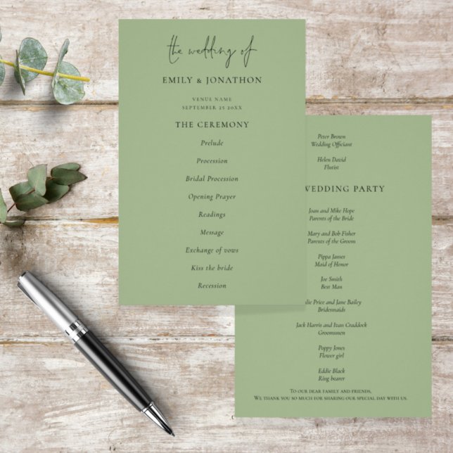 Flyer PAPEL | Elegante Texto Sage Green Wedment Program (Criador carregado)
