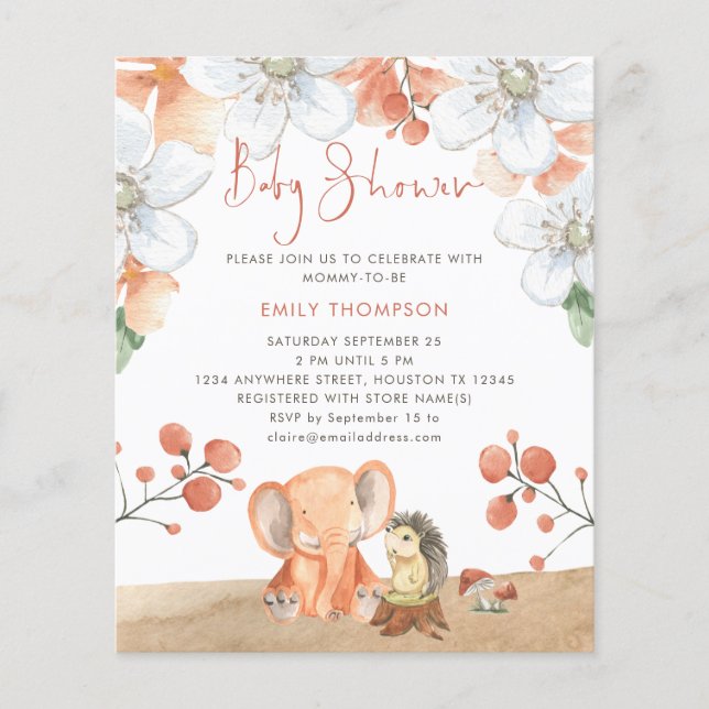 Flyer PAPEL | Elephant Hedgehog Florals Girl Chá de fral (Frente)