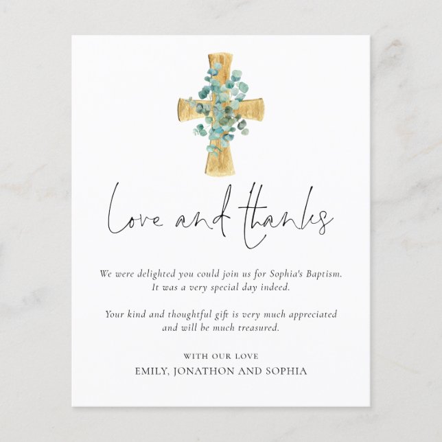 Flyer PAPEL Eucalyptus Cross Script Baptism Obrigado (Frente)