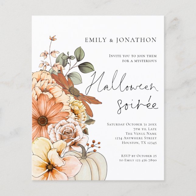 Flyer PAPEL Floral Pumpkin Script Halloween Party White (Frente)