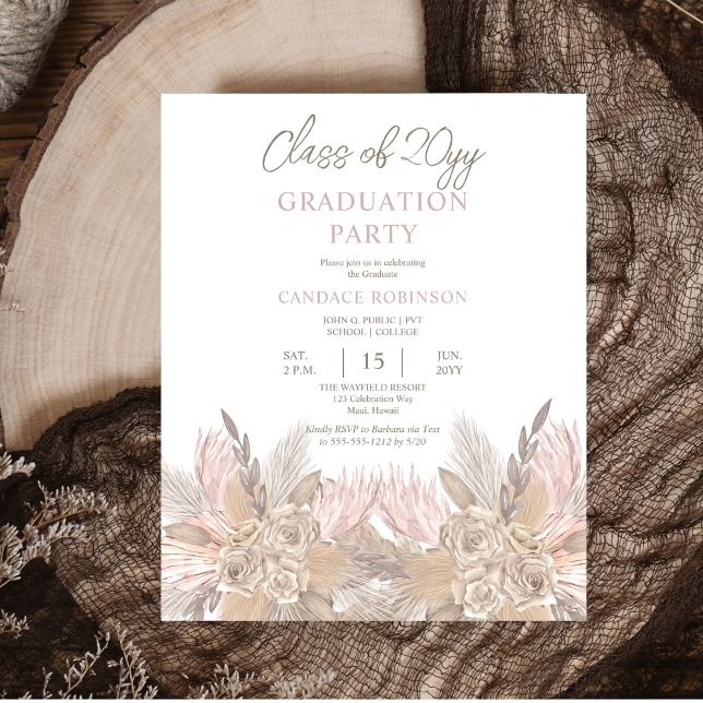 Flyer PAPEL | Rosas Convite de festas neutro (PAPER Pampas Grass and Roses Mocha and Neutral-Toned Graduation Party Invitation)