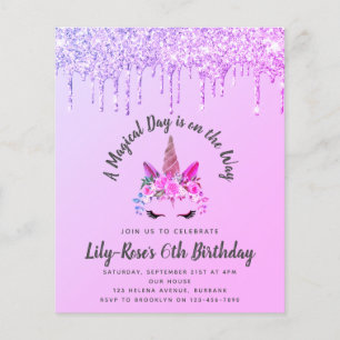 Flyer PAPEL Unicórnio Rosto Glitter Convite de Anivers