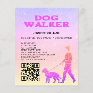Flyer Passeador de Cães Código QR Brilho Rosa Dourado Se
