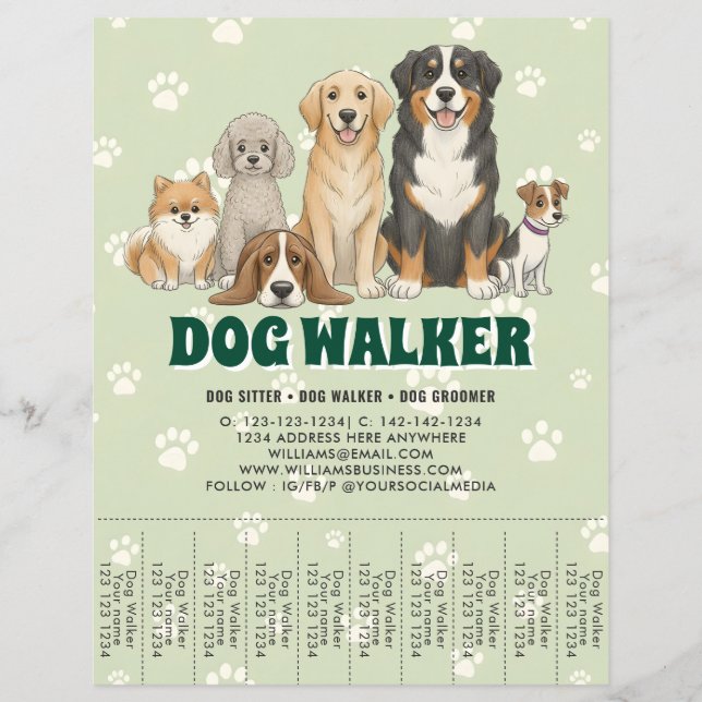 Flyer Passeador de Cães de Pet Sitting Promocional Verde (Frente)