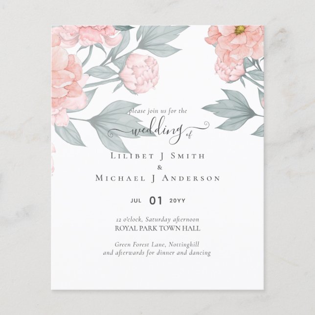 Flyer Peach Peonies Sage Orçamento Floral Casamento (Frente)