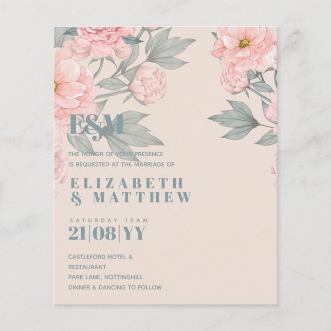Flyer Peach Peonies Sage Orçamento Floral Casamento (Frente)