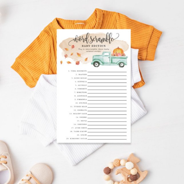 Flyer Pequeno Pumpkin Baby Word Scramble Paper Card (Have some fun at your shower with this easy to play game!)