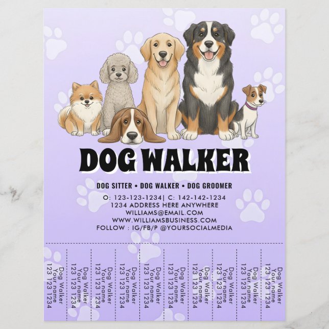 Flyer Pet Sitting Dog Walker Custom Promotional Purple (Frente)