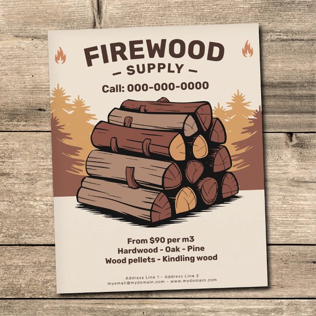 Flyer Pilhas de Toras Fendidas - Fornecimento de Lenha (Stacks of Split Logs - Firewood Supply Flyer)