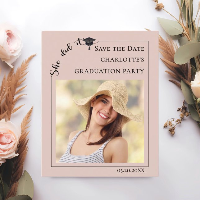 Flyer Pink Blush Photo Graduation Party Save the Date (Criador carregado)