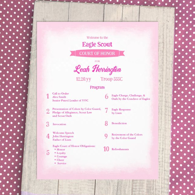 Flyer Pink & Magenta Eagle Court of Honor Program (Pink eagle scout court of honor ceremony program flyer, decorative pink banner ribbon design)