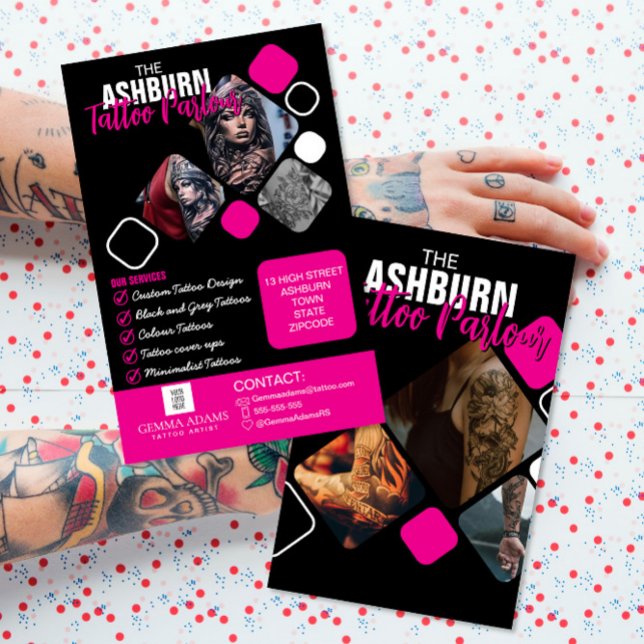 Flyer Poster de Tatuagem - Preto-Rosa Personalizado (Criador carregado)
