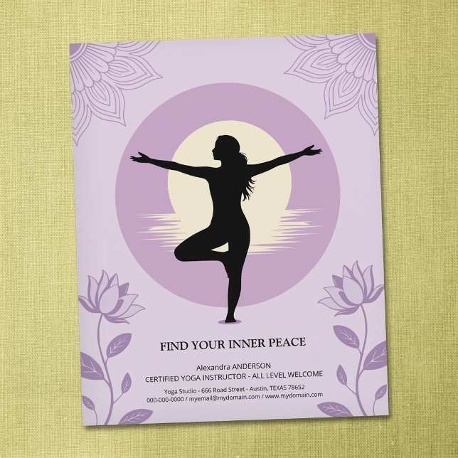 Flyer Postura da Árvore - Instrutor de Yoga com Flores d (tree_pose_yoga_instructor_with_lotus_flowers_flyer)