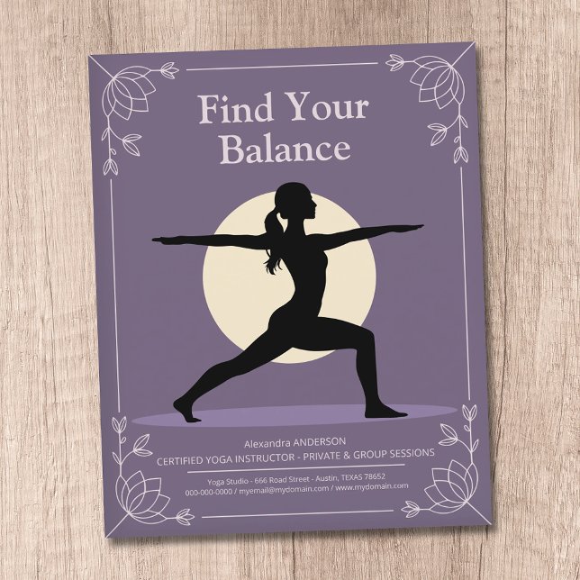 Flyer Postura do Guerreiro - Instrutor de Yoga com Flore (Warrior Pose - Yoga Instructor with Lotus Flowers Flyer)