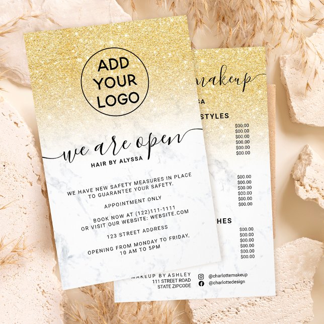 Flyer preços brilho dourado logo mármore chic Estamos ab (Criador carregado)