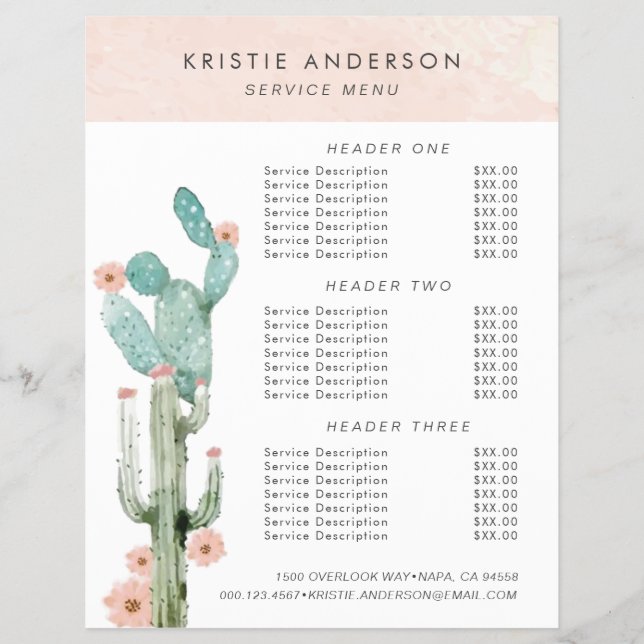 Flyer Preços e Serviços de Cactus Floridos em Aquarela (Frente)