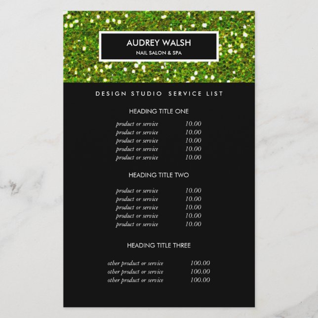 Flyer Preços e Serviços do Salão Verde Glitter Deluxe (Frente)