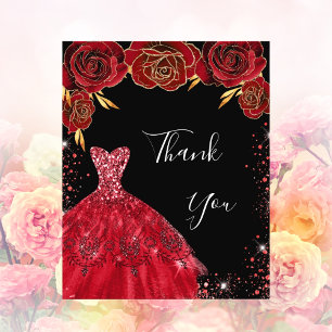Flyer Preto vermelho vestido floral obrigado de aniversá