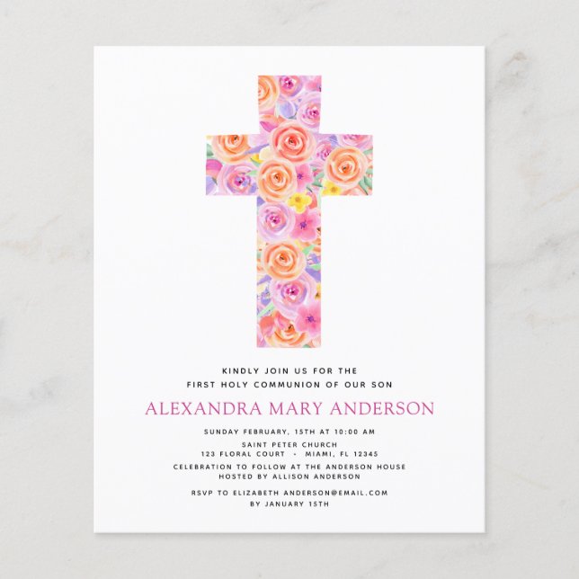 Flyer Primeira Comunhão Pastel Floral Rosa Orçamento (Frente)