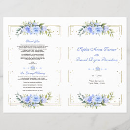 Flyer Programa Azul Floral Dourado de Casamento com Fram