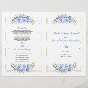 Flyer Programa Azul Floral Dourado de Casamento com Fram