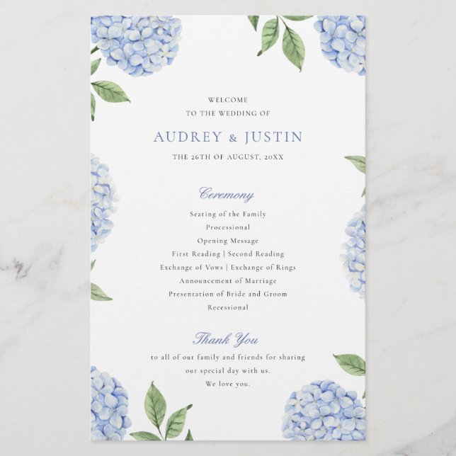 Flyer Programa Blue Hydrangea Classic Weding Paper (Frente)