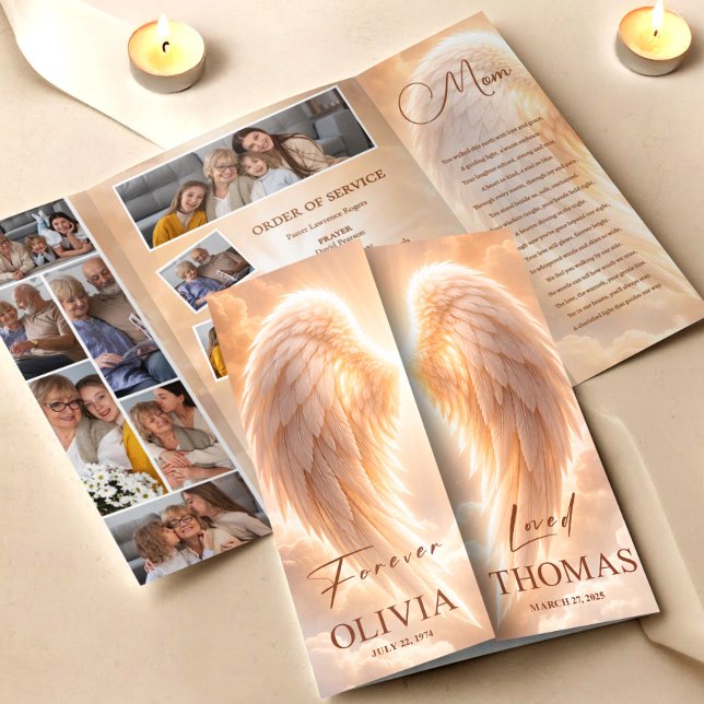 Flyer Programa Comemorativo Anjo das Asas Laranja Obituá (Funeral Program Orange Angel Wings Obituary Template Flyer, Funeral Memorial, Loss of Mother)