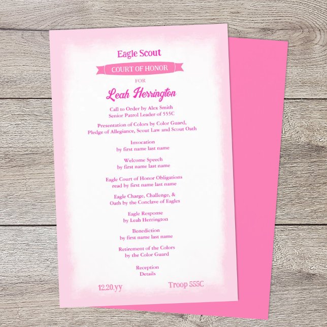 Flyer Programa da Cerimônia de Honra ao Mérito Águia Ros (pink eagle scout court of honor ceremony program)