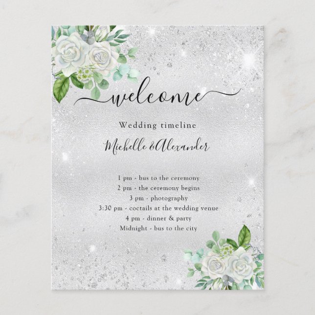Flyer Programa da linha do tempo do casamento, verde flo (Frente)