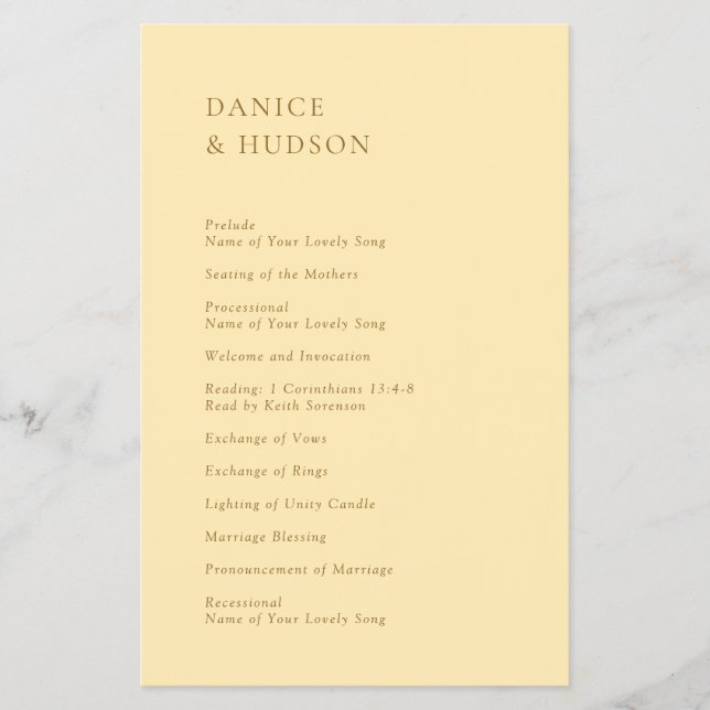 Flyer Programa de Casamento Amarelo Manteiga Minimalista (Frente)