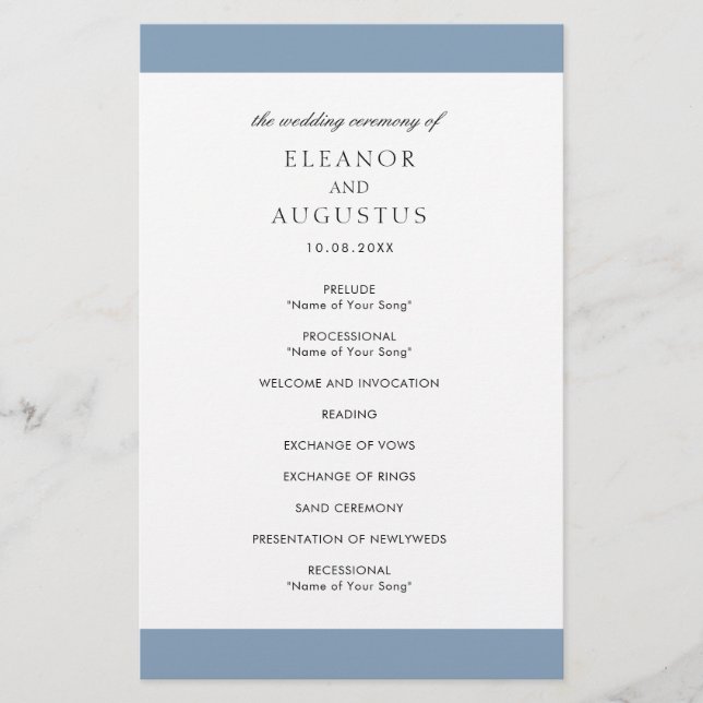 Flyer Programa de Casamento Azul Empoeirado Minimalista  (Frente)