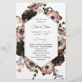 Flyer Programa de Casamento Boho Floral Preto e Natural 