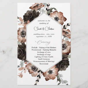 Flyer Programa de Casamento Boho Floral Preto e Natural